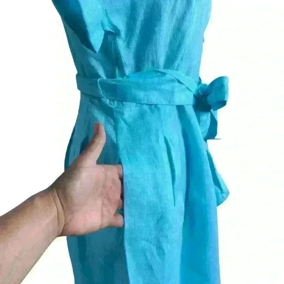 TALBOTS The Sutton Shirtdress Fit & Flare Cross Dye 100% Linen in Aqua Size 6 - Picture 8 of 12